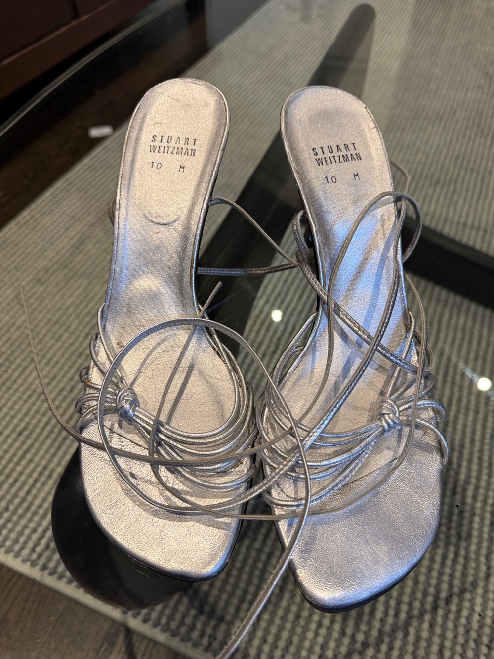 Stuart Weitzman Metallic Silver Wrap-Strap Heels